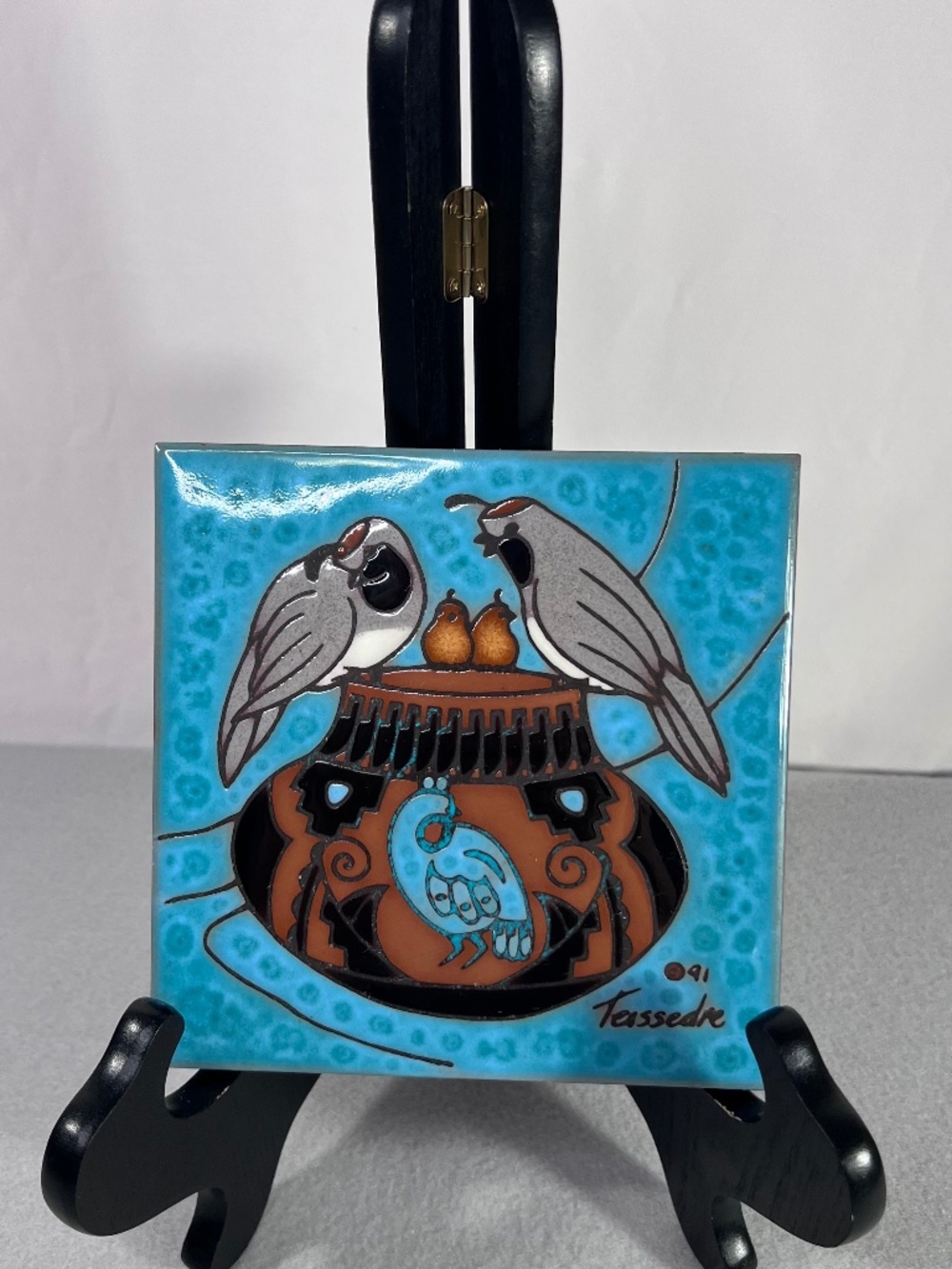 1991 Signed Hand Painted Ceramic Tile By Cleo Teissedre. Quails and Pot. Teal